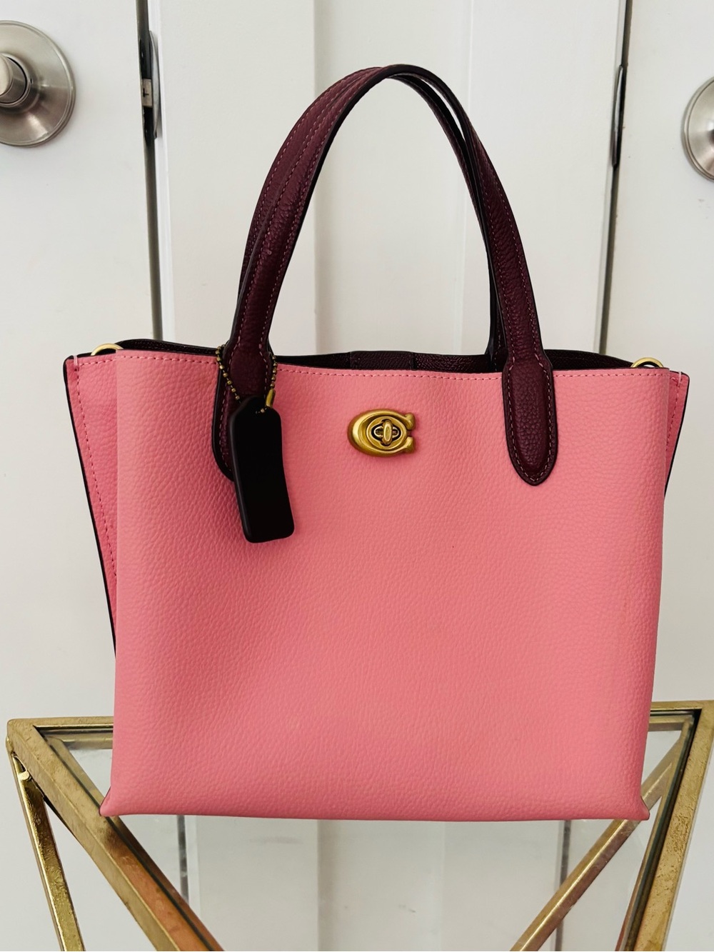COACH Willow 24 Beige Colorblock Gold Tone Leather Tote Bag (no crossbody strap)